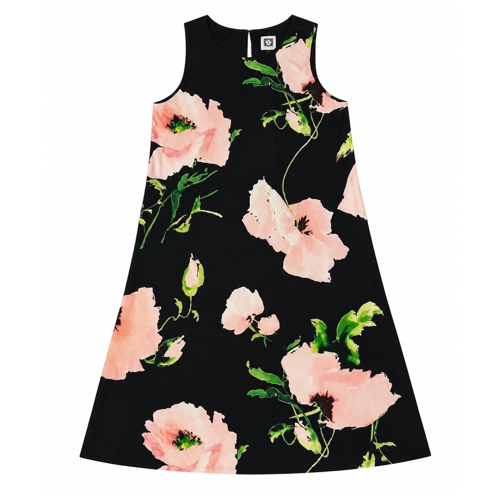 Anne Klein Womens Floral Trapeze Dress Black Pink Poppy Sleeveless Size 8
